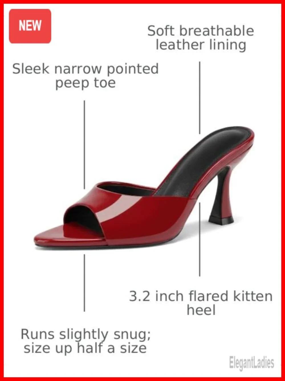 Kitten Heel Mule Sandals Pointed Peep Toe Patent Faux Leather Slip On Dress